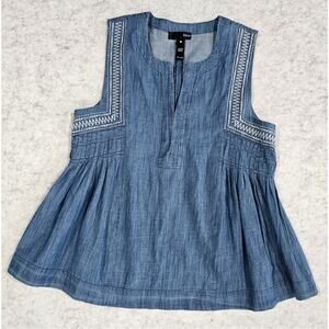 Aqua Denim Boho Top, White geometric embroidery, Pleated Bodice, Bohemian, Sz XS